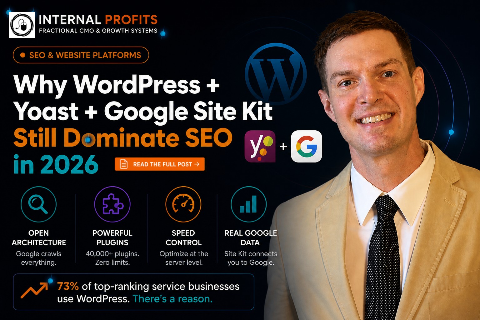 WordPress SEO dominance 2026 showing Yoast and Google Site Kit integration compared to Wix Squarespace Webflow for search engine optimization