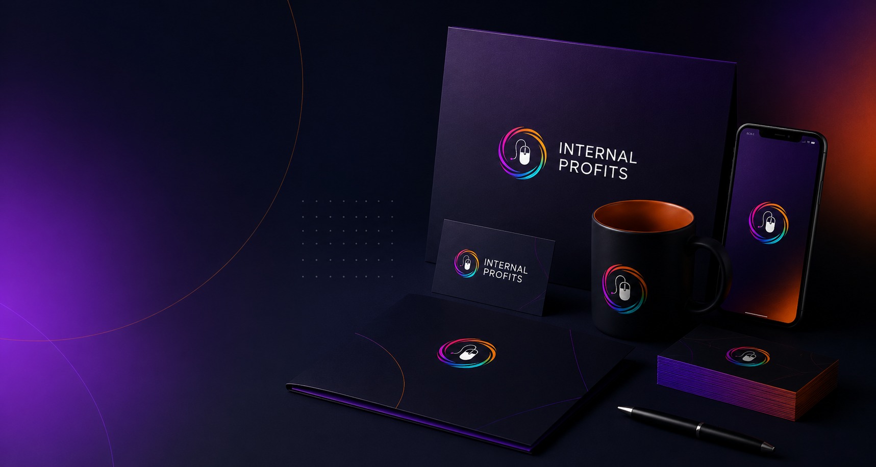 Internal Profits brand identity — logo on business cards, mug, folder, and phone