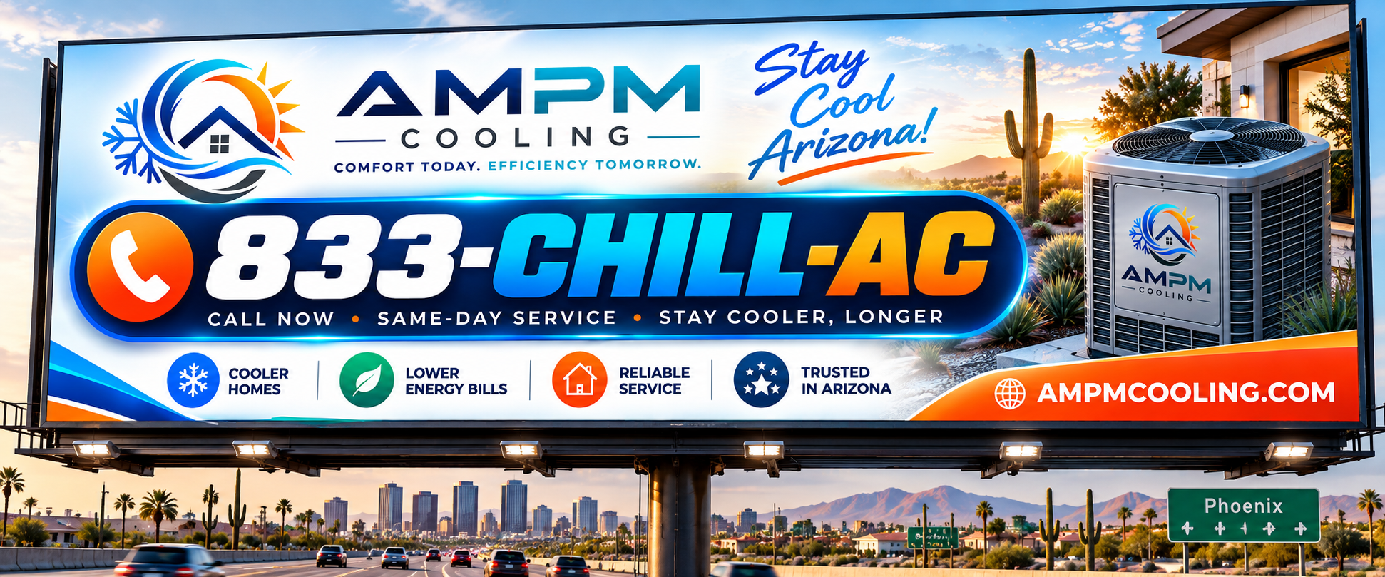 AMPM Cooling billboard in Arizona showing the brand and its toll-free vanity numbers