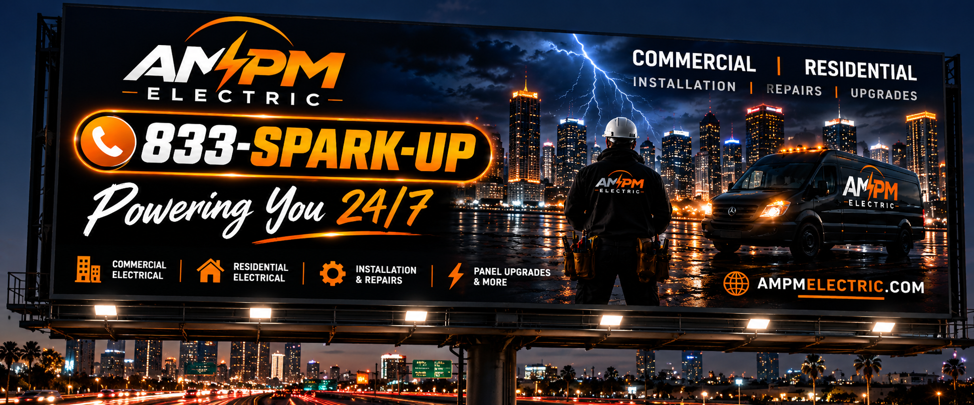 AMPM Electric brand artwork showing the brand and the 833-SPARK-UP vanity number