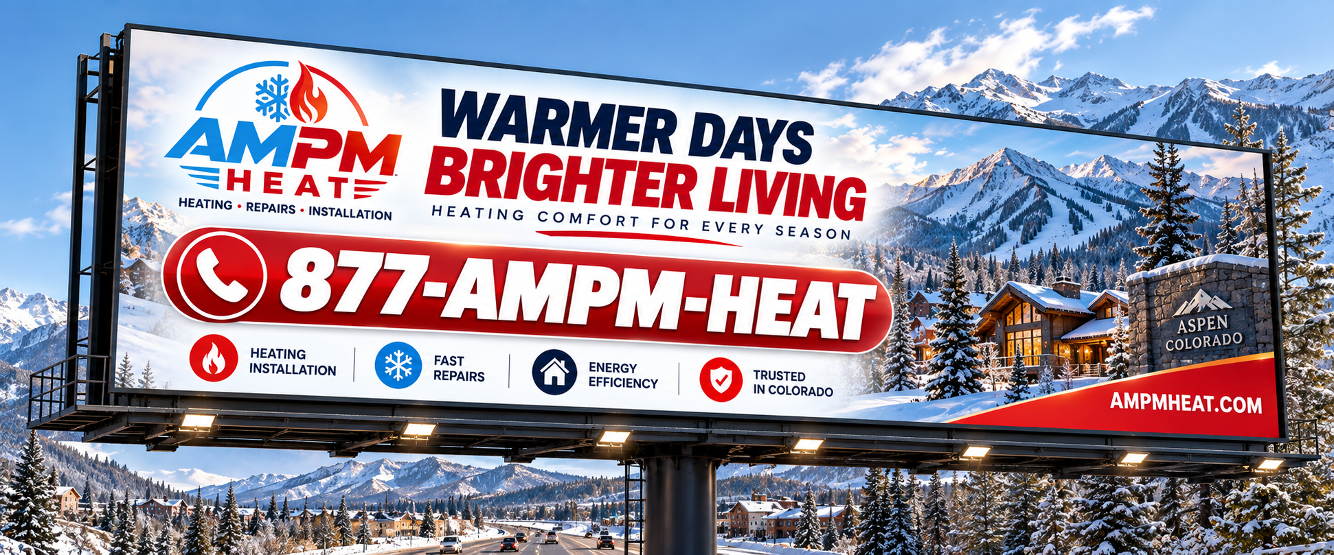 AMPM Heat billboard showing the brand and the 1-877-AMPM-HEAT vanity number
