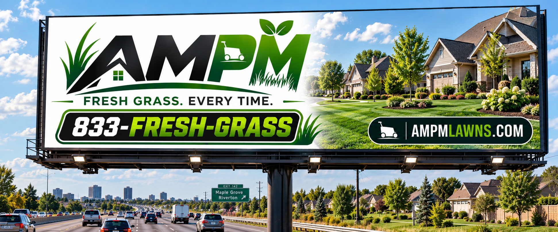 AMPM Lawns billboard showing the brand and its toll-free vanity number