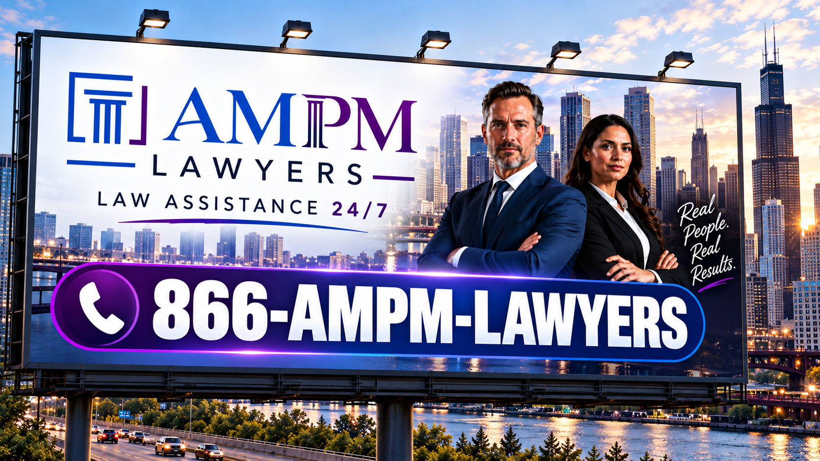 AMPM Lawyers billboard showing the brand and the 1-866-AMPM-LAW vanity number