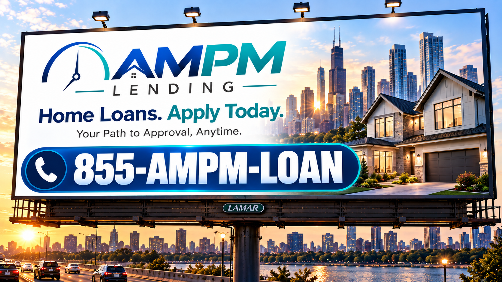 AMPM Lending billboard showing the brand and the 1-855-AMPM-LOAN vanity number