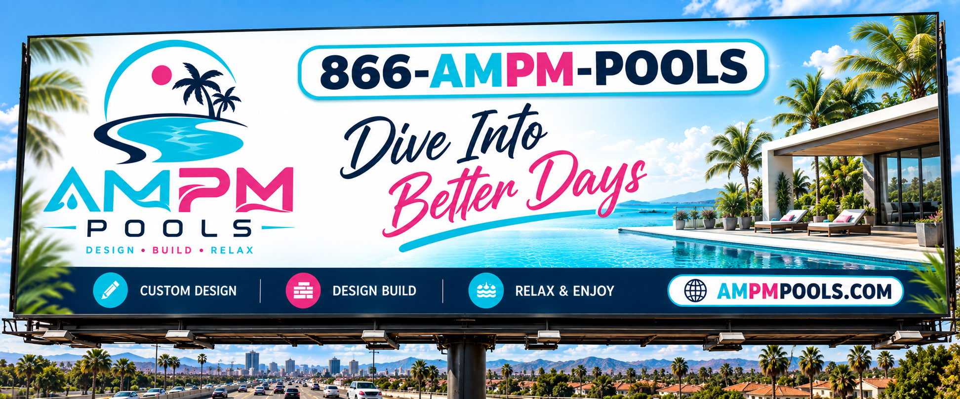 AMPM Pools billboard showing the brand and its toll-free vanity number