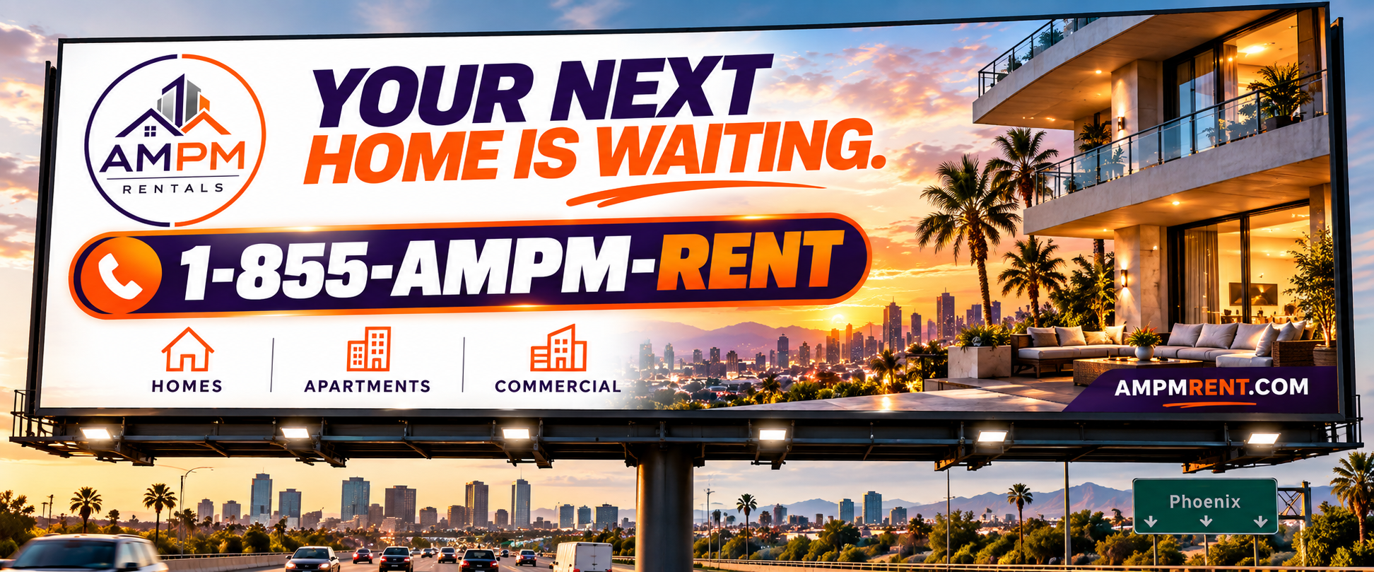 AMPM Rent billboard showing the brand and the 1-855-AMPM-RENT vanity number