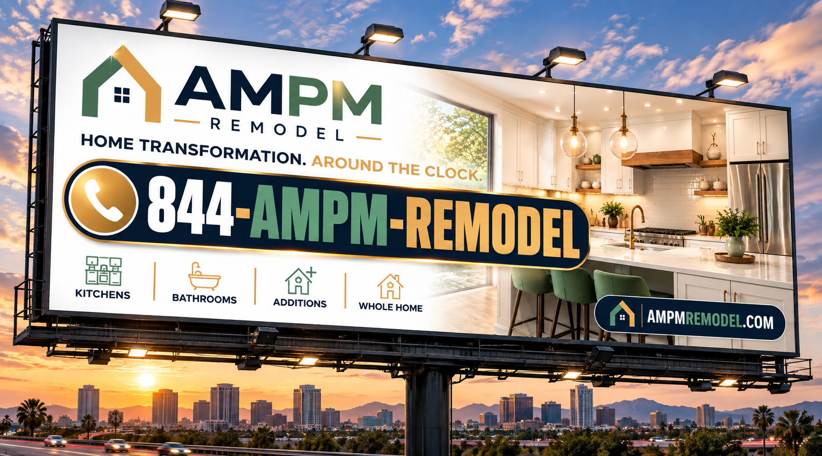 AMPM Remodel billboard showing the brand and the 844-AMPM-REMODEL vanity number