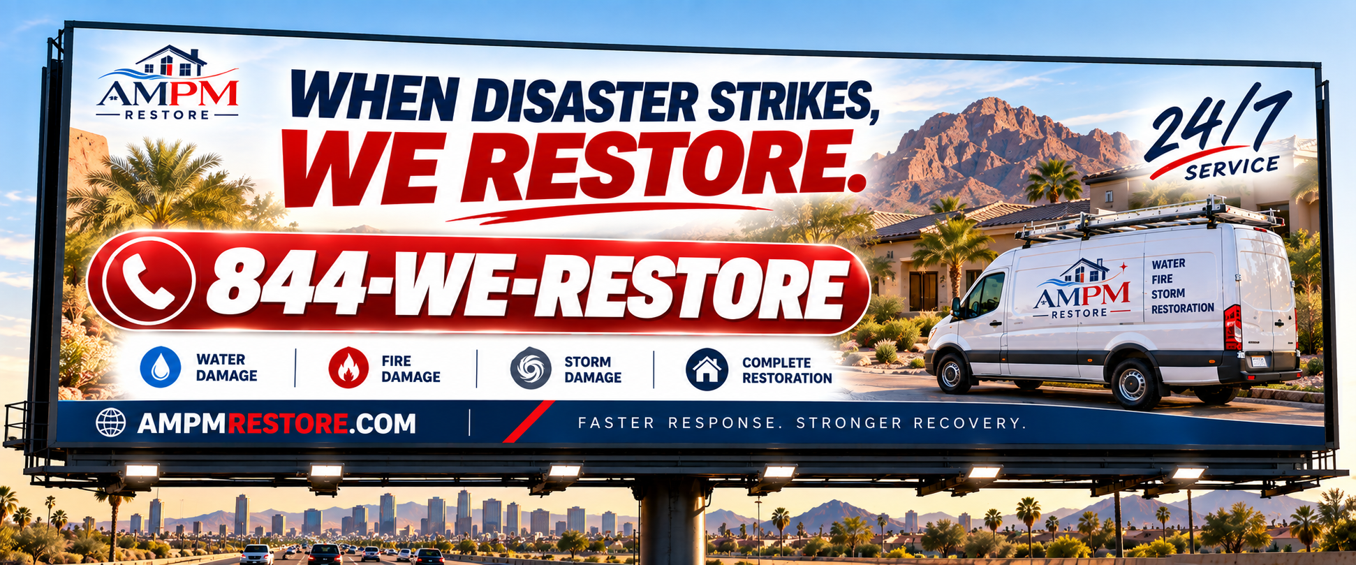 AMPM Restore billboard in Arizona showing the brand and its toll-free vanity numbers
