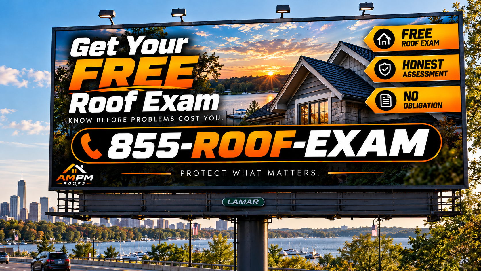AMPM Roofs brand billboard in Phoenix Arizona with 855-ROOF-EXAM vanity number