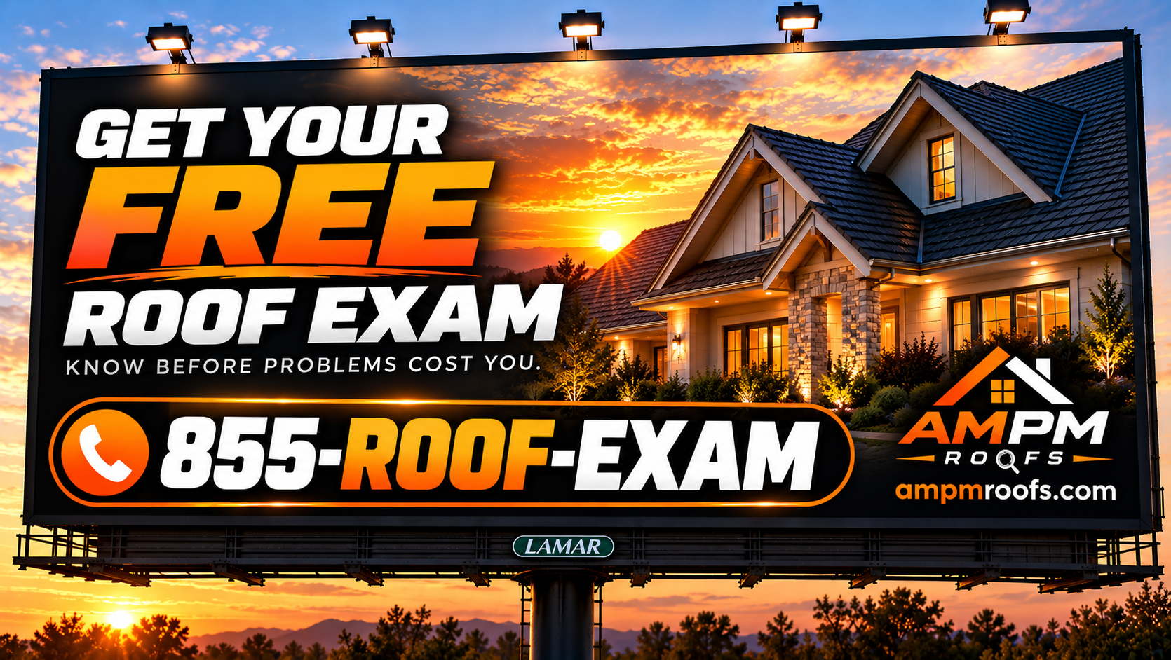 AMPM Roofs billboard showing the brand and the 855-ROOF-EXAM vanity number