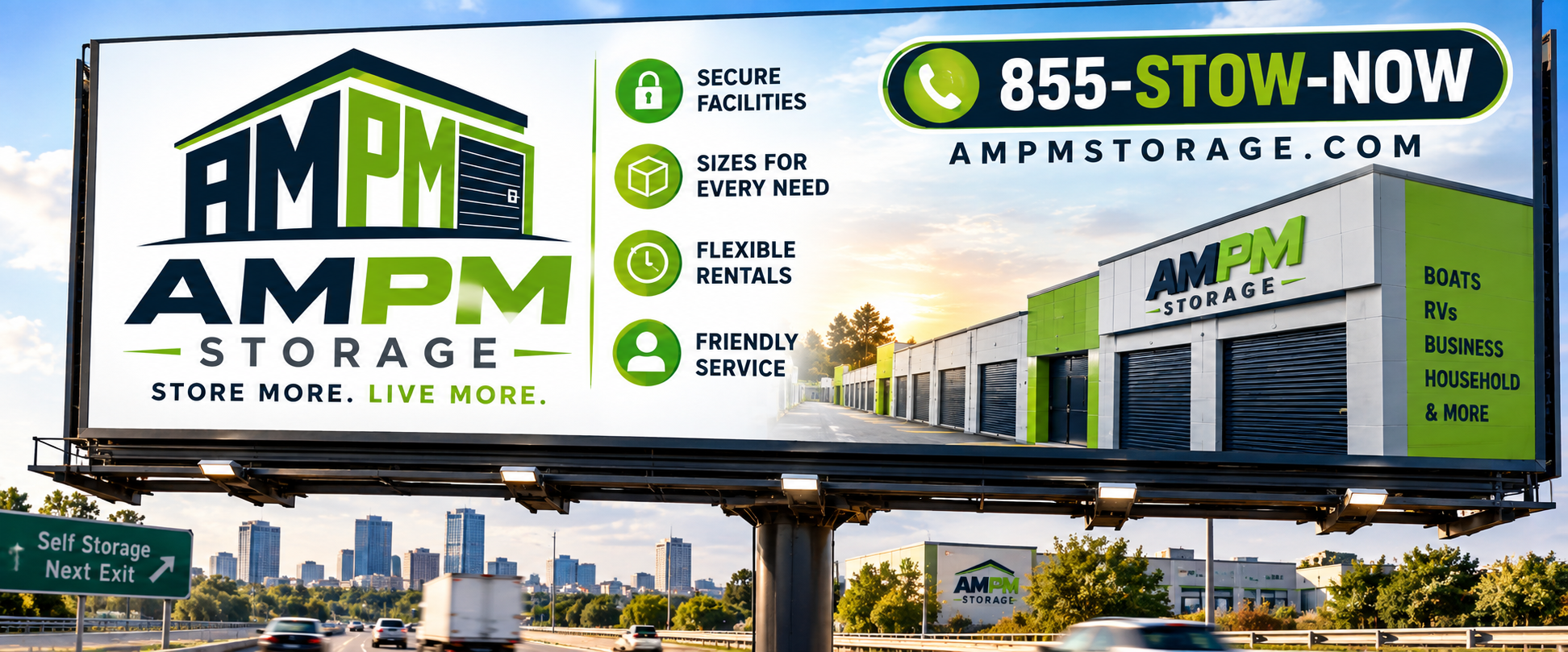 AMPM Storage billboard showing the brand and the 855-STOW-NOW vanity number