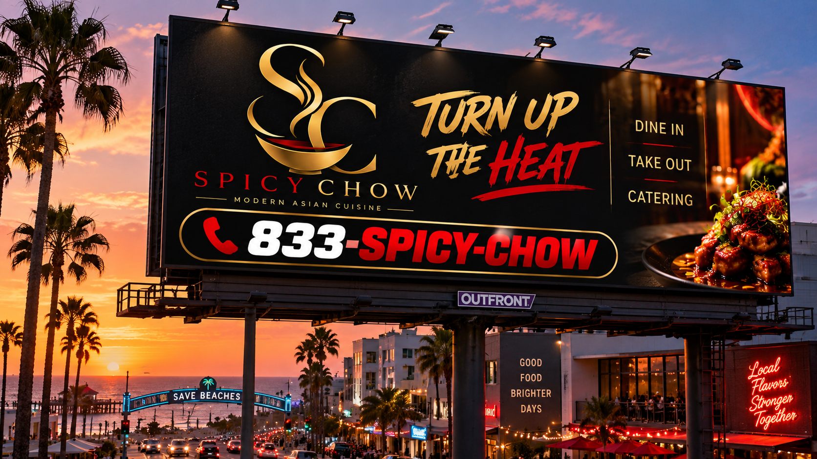Spicy Chow restaurant brand billboard in Phoenix Arizona with 833-SPICY-CHOW vanity number